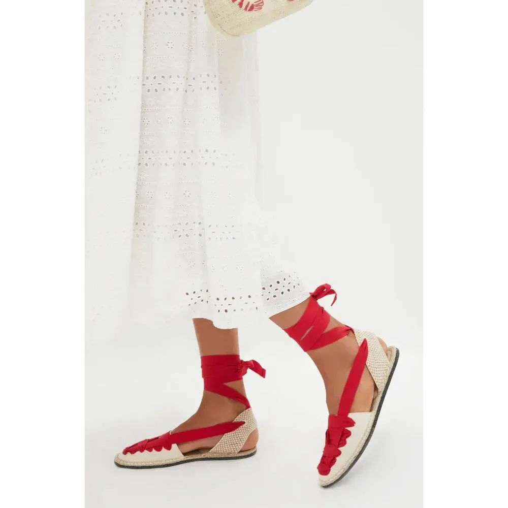 Loeffler Randall $285 Wilson Flat Ankle-Wrap Espadrille In Natural Red 10 US
